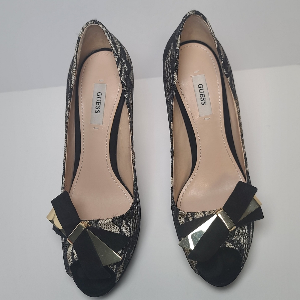 Guess Platform Peep Toe High Heel Pumps Black Lace Over Champagne Gold, 6.5M - Picture 7 of 15